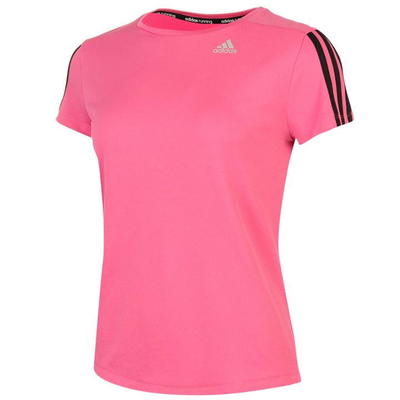 Klasyczny różowy t-shirt z okrągłym dekoltem z małym logo Adidas i czarnymi paskami na ramionach - rozmiar XS