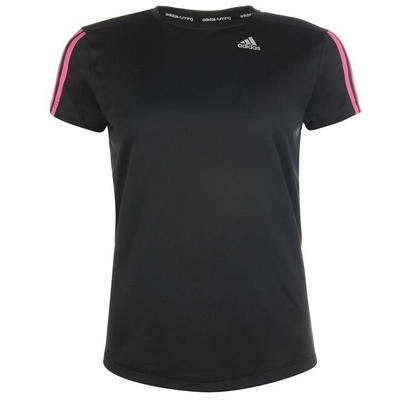 Czarny T-shirt z klasycznym, okrągłym dekoltem z małym logo Adidas i różowymi paskami na ramionach - rozmiar XS